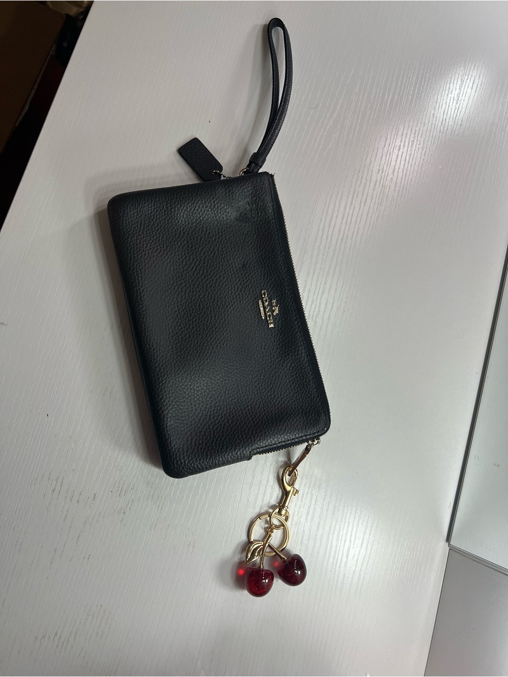 Coach Black Leather Wristlet Wallet with Cherry Charm